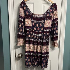 BAND OF GYPSIES Bohemian Square Neck Smocked
Bodice Peasant Mini Dress LARGE